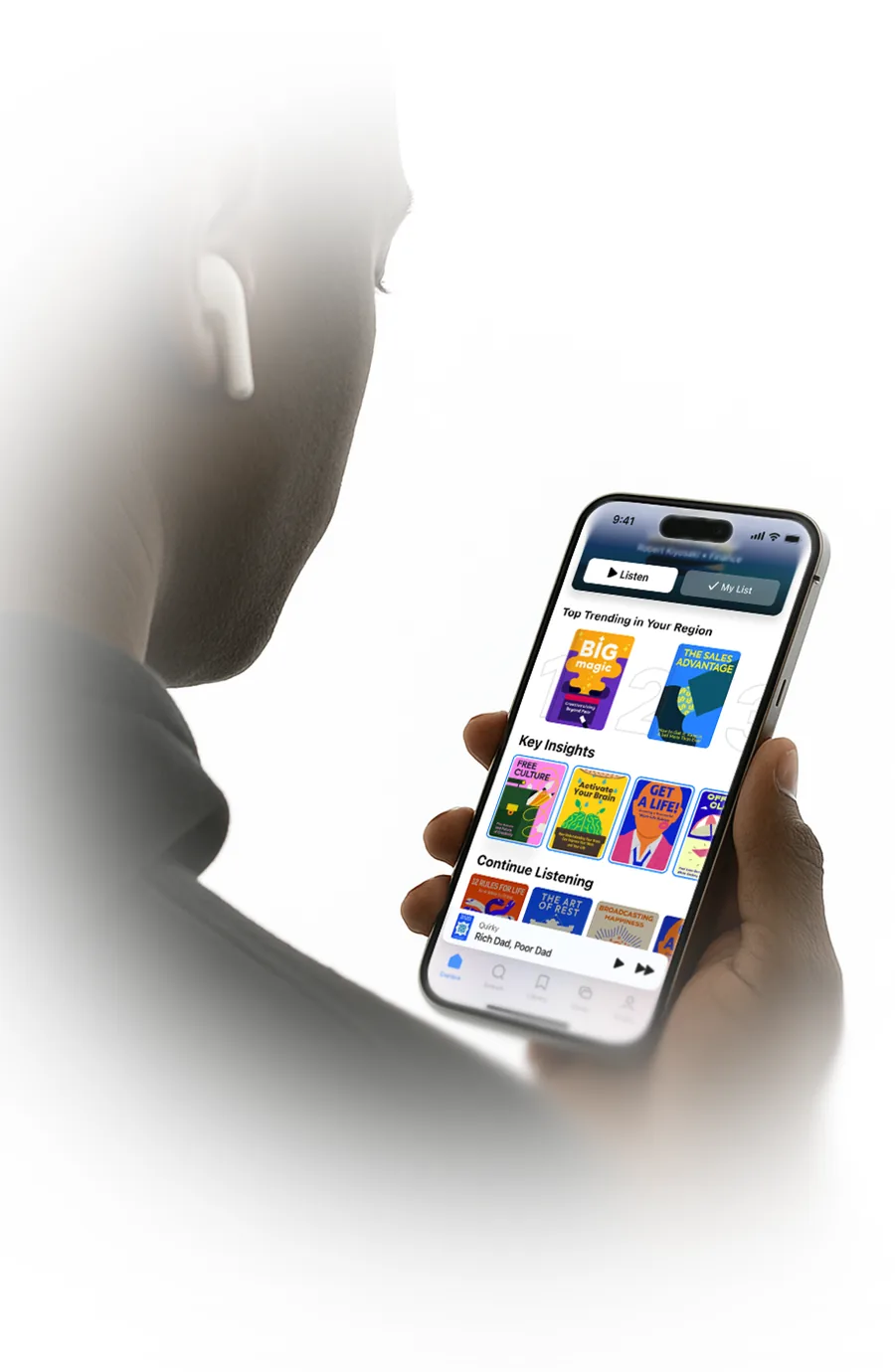 Someone reading a Wiser summary on iPhone, AirPods in